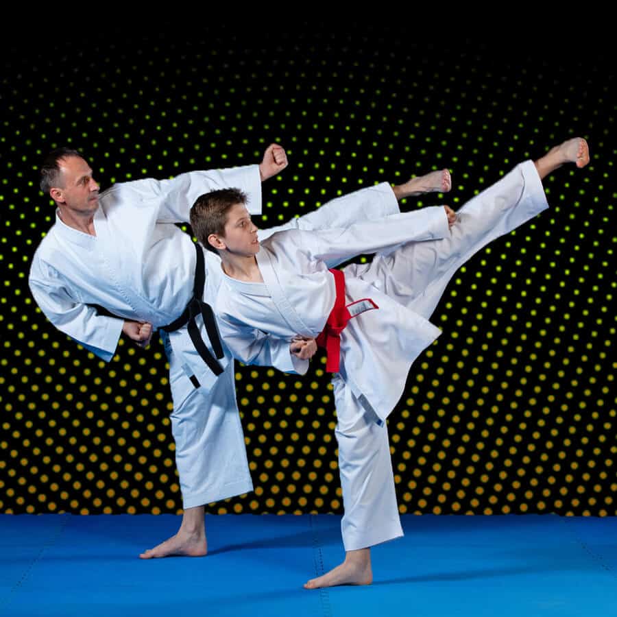 Martial Arts Lessons for Families in Old Bethpage NY - Dad and Son High Kick