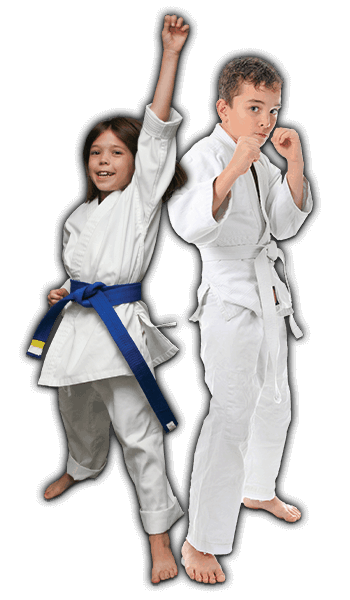 Martial Arts Lessons for Kids in Old Bethpage NY - Happy Blue Belt Girl and Focused Boy Banner